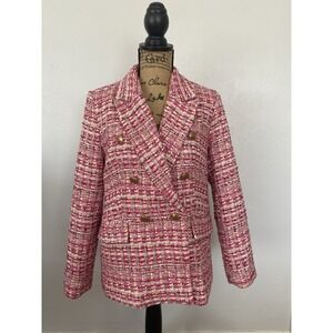 Rachel Zoe Women's Size M Pink White Plaid Tweed Blazer Coat Gold Tone Buttons